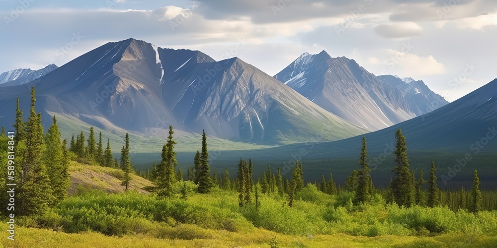 Aufkleber the mountain elevation is green.colorful summer template. concept of recreation. generative ai
