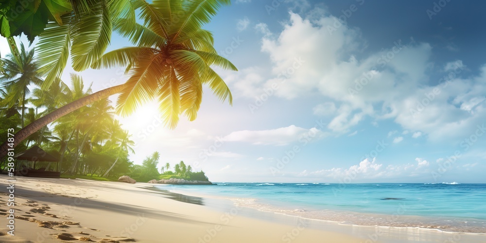 Poster summer landscape of a sunny day on the beach with waves from the sea.colorful summer template. conce