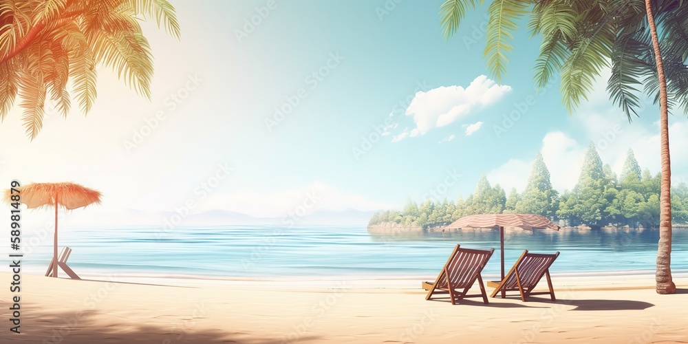 Poster summer landscape of a sunny day on the beach with waves from the sea.colorful summer template. conce