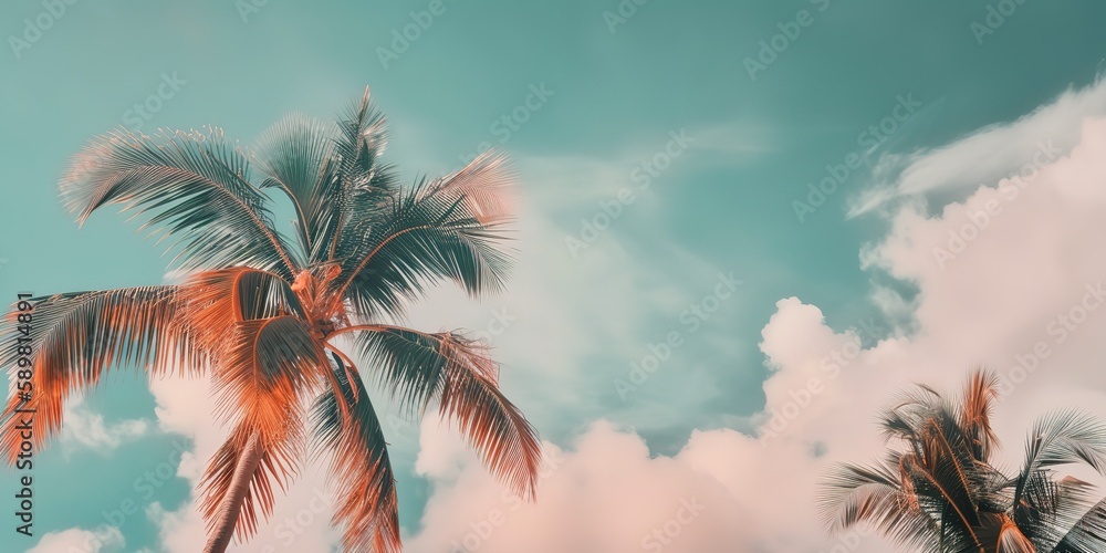 Poster summer landscape of palm trees and sky in retro style.colorful summer template. concept of recreatio