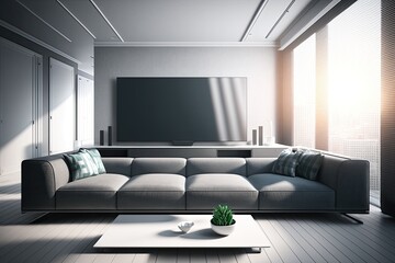 Modern sofa or couch in living room. Interior design. Generative AI