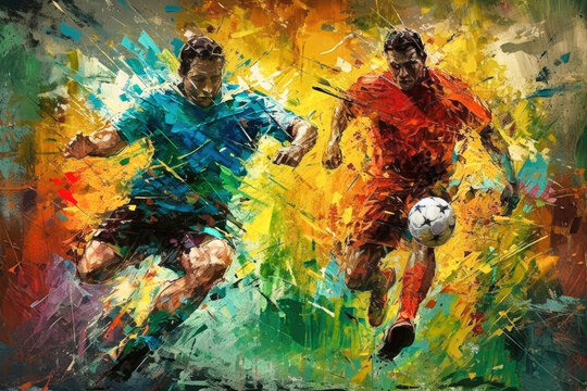 This dynamic oil painting, created by artificial intelligence, captures the intensity and excitement of a soccer match in bold, expressive strokes. image created with generative AI.