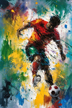 This dynamic oil painting, created by artificial intelligence, captures the intensity and excitement of a soccer match in bold, expressive strokes. image created with generative AI.