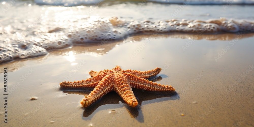 Poster a starfish on the seashore.colorful summer template. concept of recreation. generative ai