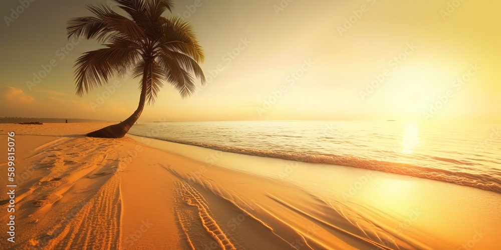 Aufkleber a beach with palm trees at sunset.colorful summer template. concept of recreation. generative ai