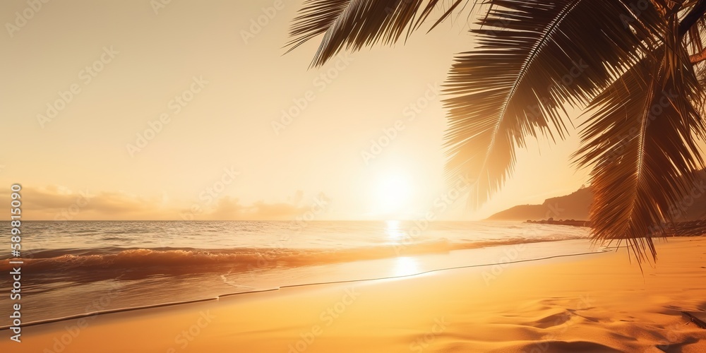 Poster a beach with palm trees at sunset.colorful summer template. concept of recreation. generative ai