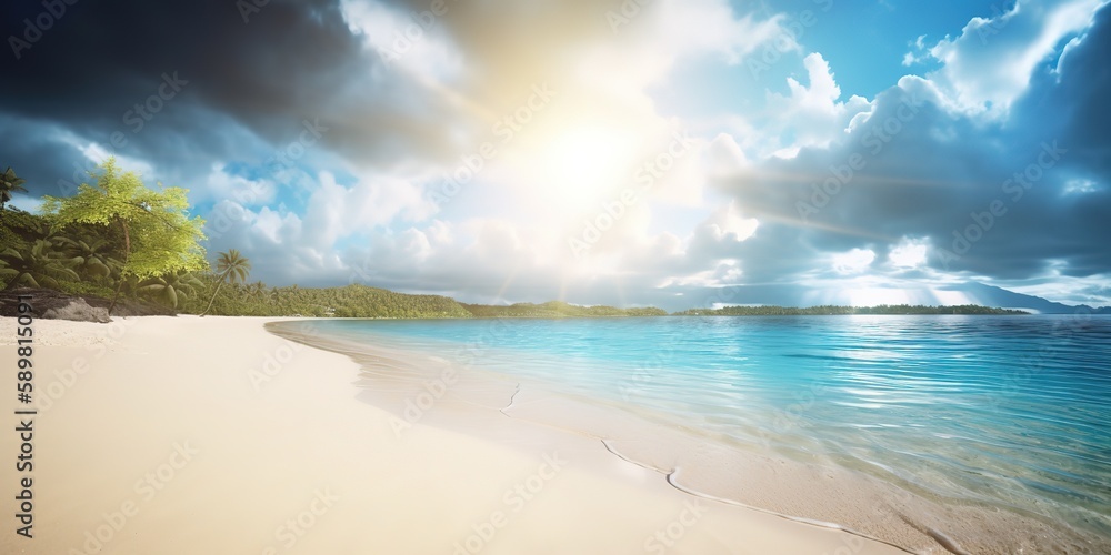 Poster Summer landscape of a sunny day on the beach with waves from the sea.Colorful summer template. Concept of recreation. Generative AI