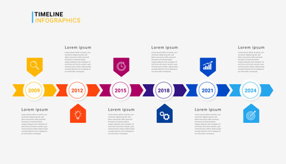 Business infographic timeline template. Milestone infographics element design for presentation, web, workflow or process diagram. Vector illustration