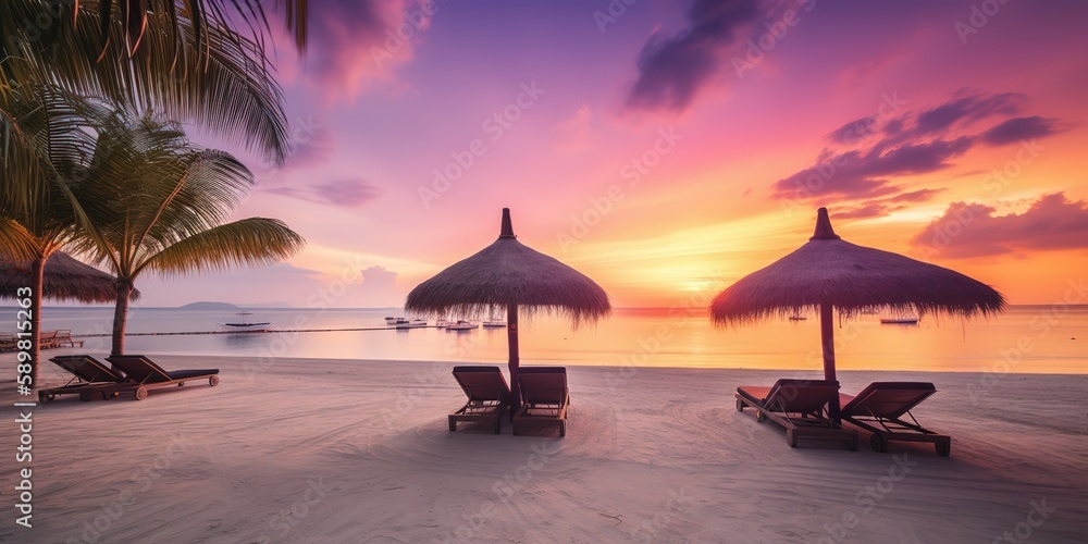 Poster the beach at sunset with sun loungers with umbrellas from the sun.colorful summer template. concept 