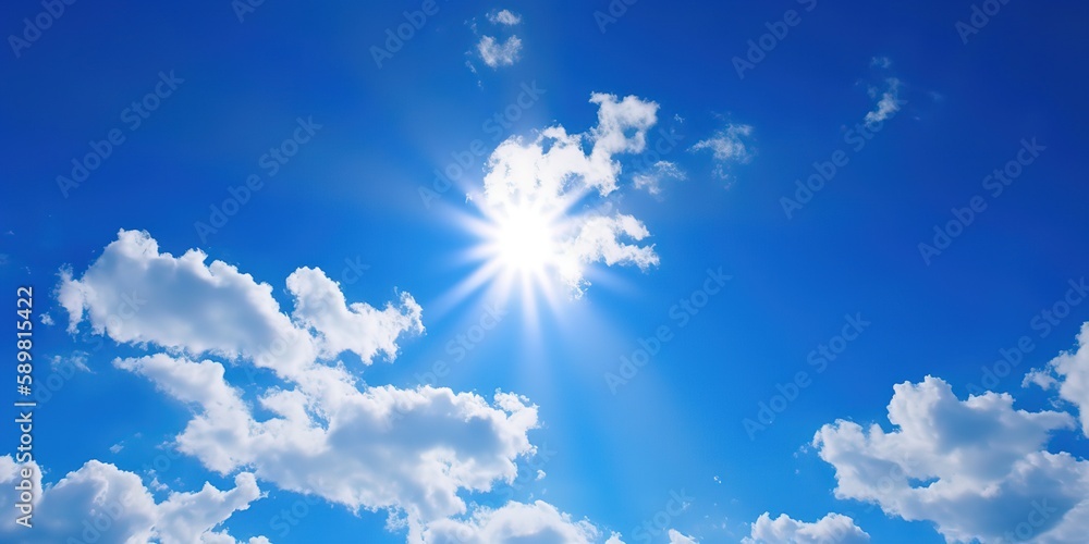 Poster Cloudy sky with sun rays.Colorful summer template. Concept of recreation. Generative AI