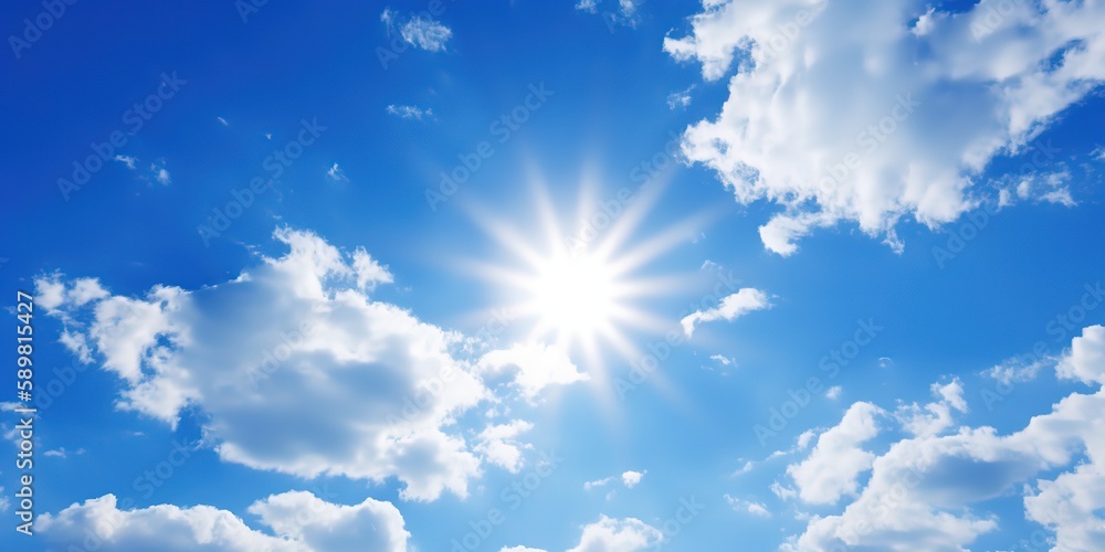 Poster Cloudy sky with sun rays.Colorful summer template. Concept of recreation. Generative AI