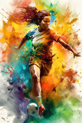 Naklejka na ściany i meble This dynamic oil painting, created by artificial intelligence, captures the intensity and excitement of a soccer match in bold, expressive strokes. image created with generative AI.