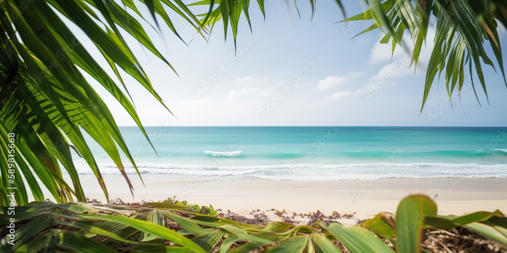 Aufkleber summer picture of the sun's rays breaking through the leaves of a palm tree.colorful summer template