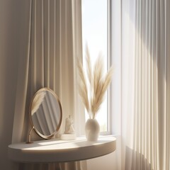 modern, minimal, and luxury cream dressing table top, a vase of pampas, round mirror, a curtain in white wall bedroom with sunlight and leaf shadow for beauty, cosmetic product display,"ai generated"
