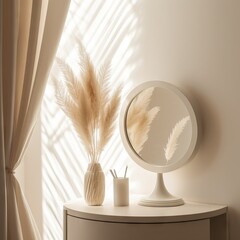 modern, minimal, and luxury cream dressing table top, a vase of pampas, round mirror, a curtain in white wall bedroom with sunlight and leaf shadow for beauty, cosmetic product display,"ai generated"