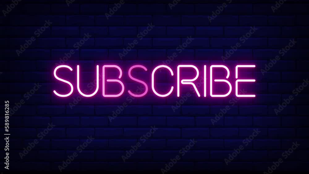 Poster subscribe neon light text on brick wall background motion animation. glowing large text concept loop