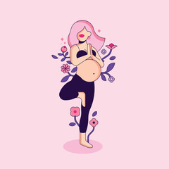 The Pregnant Girl stands in Vrikshasana Tree Pose. Minimalistic Geometric Woman. Floral Background. Balancing Asana. Yoga Exercise. Flat cartoon vector illustration with stroke.