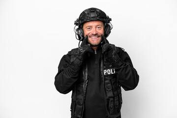 Middle age SWAT man isolated on white background smiling with a happy and pleasant expression