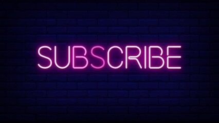 subscribe neon light text on brick wall background motion animation. Glowing large text concept looping animation. - Powered by Adobe