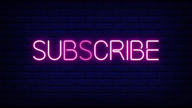 subscribe neon light text on brick wall background motion animation. Glowing large text concept looping animation.
