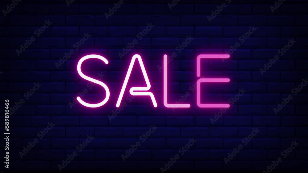 Aufkleber sale neon light text on brick wall background motion animation. glowing large text concept looping a