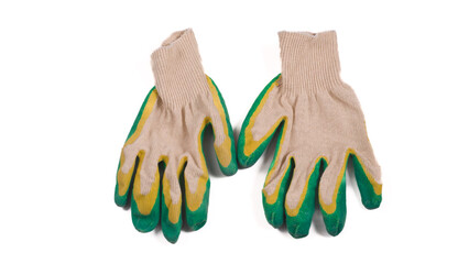 Pair of green gardening gloves on a white background