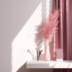 Empty modern, minimal and luxury pink dressing table top, vase of pampas, curtain in white wall bedroom with sunlight and leaf shadow for beauty, cosmetic product display background
