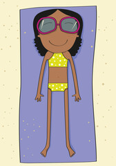 Girl sunbathing on the beach, top view of lying tanned girl vector Illustration flat 