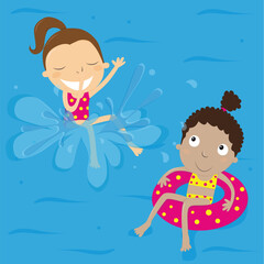 Girls playing and jumping into water and floating on inflatable ring. Summer time vacations.