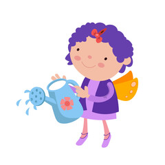 Cute little fairy watering flowers in garden from watering can. Isolated cartoon character on white background. Vector illustration.
