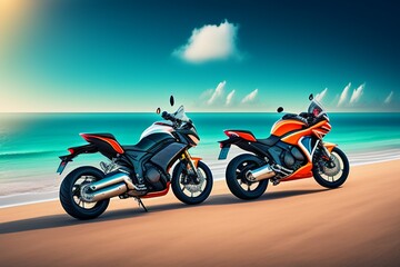Obraz na płótnie Canvas Motorcycle park in sea beach, Enjoying summer vacation with riding motorcycles, summer sea beach and mountain Ai generated 