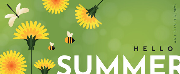 Banner hello summer with dandelions. Bright yellow dandelions, two bees and a dragonfly. Summer illustration for banner, poster or flyer. - obrazy, fototapety, plakaty