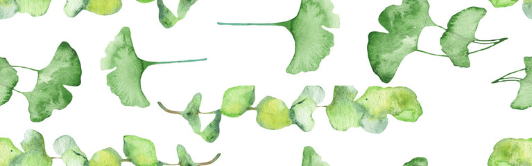 Watercolor frame - illustration with green leaves and branches and golden elements, for wedding stationery, congratulations, wallpapers and more on white bacground.