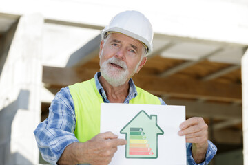 mature builder with an energy rating sign