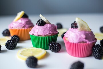 Closeup of purple cupcakes with blackberries