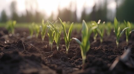 Springtime corn field with fresh green sprouts. Generative AI