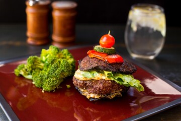 Closeup of Bunless Hamburger on plate