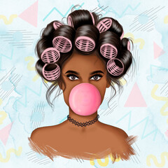 African American Girl With Bubble Gum Pattern Background Hand Drawn Illustration