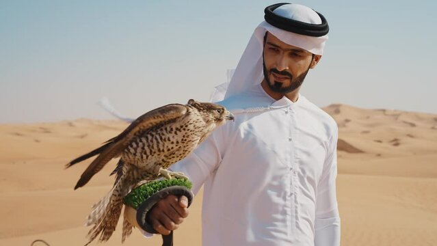Falconer training his falcon bird in the desert of Dubai. Locals spending time on the dunes in Sharjah. Concept about traveling in the united arab emirates