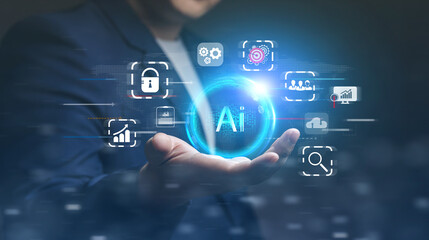 AI technology, artificial intelligence. Business people show virtual work management system analysis results report by using data from a global network to process.