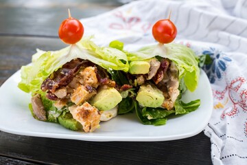 Plate with meat and avocado wrapped in lettuce