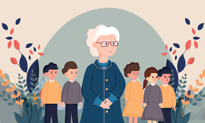 Elderly Woman And Children Character Standing Together On Nature Background.