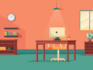 Fototapeta premium Study Room or Office Necessary Furnishing As Table, Chair, Drawer, Bookshelves, Computer, Wall Clock, Ceiling Lamp And Window In Interior View.