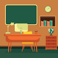 Study Room Interior View With Furniture, Table Lamp, Computer, Pen Holder, Bookshelves, Wall Clock And Empty Green Board.