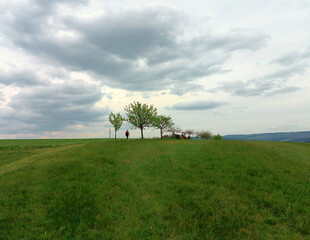 Einsamer Wanderer auf Wanderweg zwischen Wiese und B&auml;umen in gr&uuml;ner Natur vor Himmel mit Wolken auf der Traumschleife Lecker Pf&auml;dchen bei Thalfang am Erbeskopf im Hunsr&uuml;ck, Rheinland-Pfalz.