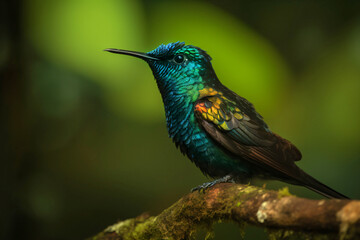 santa marta sabrewing hummingbird - rare bird on a branch of an old tree in the rainforest, generative ai