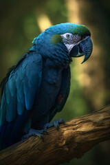 Obraz premium little blue macaw - rare bird on a branch of an old tree in the rainforest, generative ai