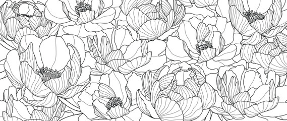 Abstract peony flower line art background vector. Natural botanical elegant flower with line art. Design illustration for decoration, wall decor, wallpaper, cover, banner, poster, card. © TWINS DESIGN STUDIO