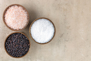 Variety of salt - Himalayan crystal pink, black volcanic salt Kala Namak and white salt in wooden bowls. Top view. Copy space.