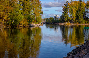 Fototapeta premium Natural park Monrepos near the city of Vyborg, Russia. Bright autumn landscapes of the unique nature of the northern bay of the Gulf of Finland.